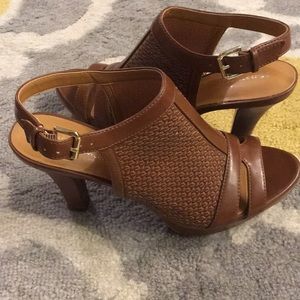 Brown Leather Peep Toe Heel Sandals